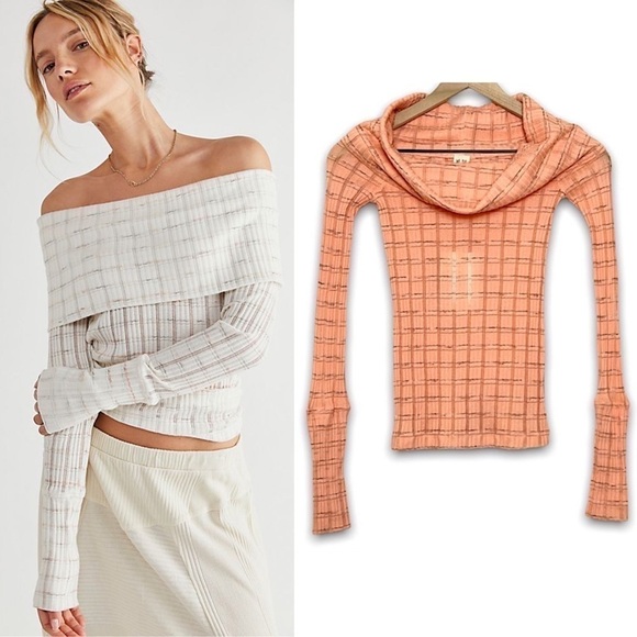 NWT FREE PEOPLE Ribbed Knit Striped Off Shoulder Après-ski Peach Sweater Top XS - Picture 1 of 13